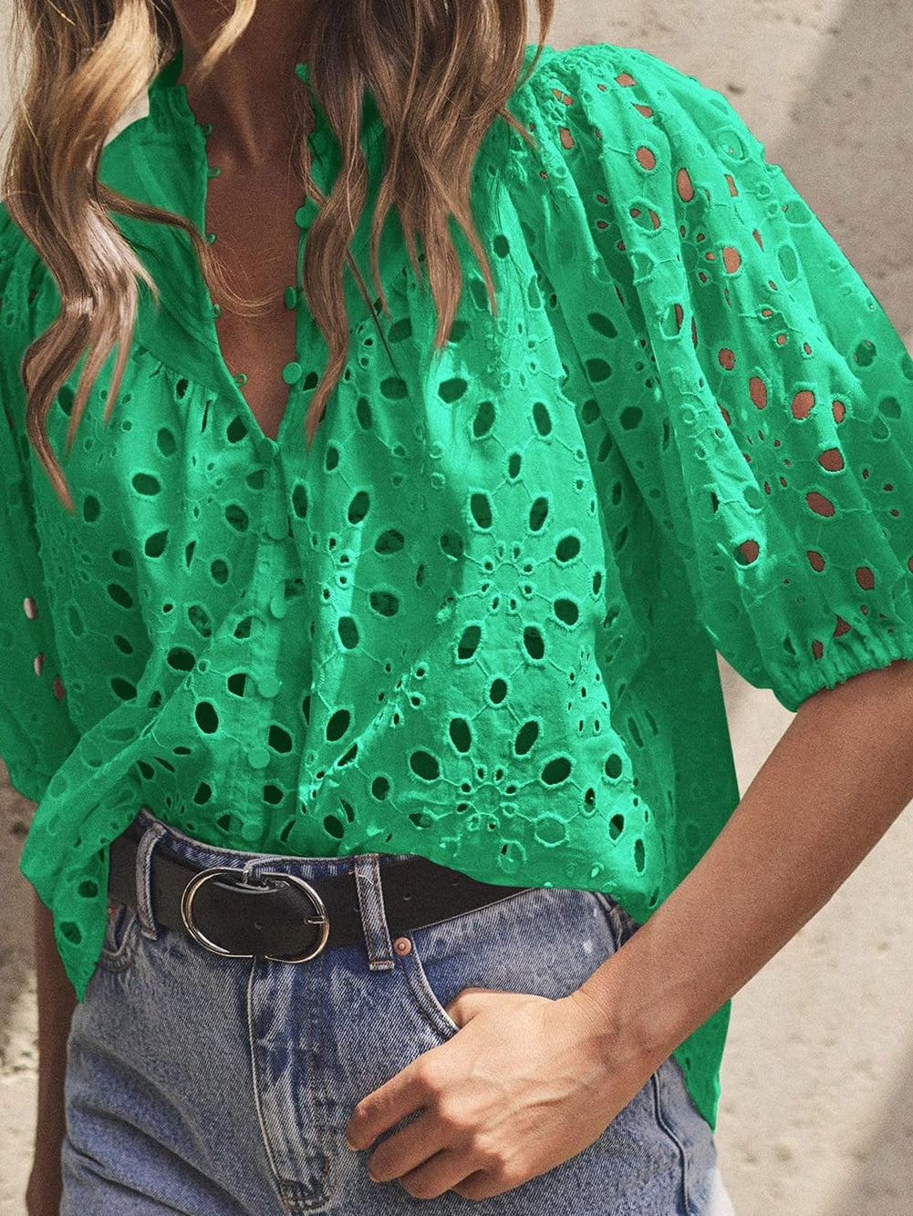 Green Floral Embroidered Sheer Puff Sleeve Top