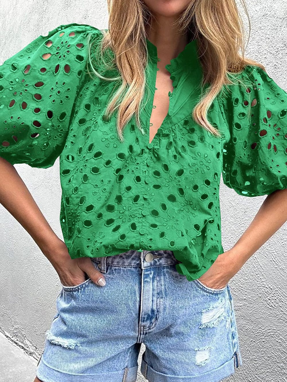 Green Floral Embroidered Sheer Puff Sleeve Top