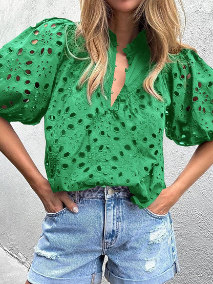 Green Floral Embroidered Sheer Puff Sleeve Top