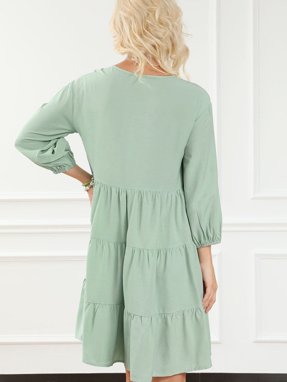 Green Floral Embroidered Tiered Ruffle Hem Dress