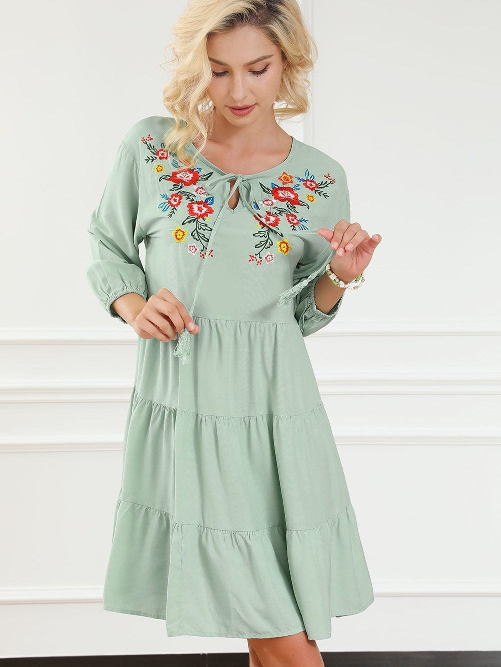 Green Floral Embroidered Tiered Ruffle Hem Dress