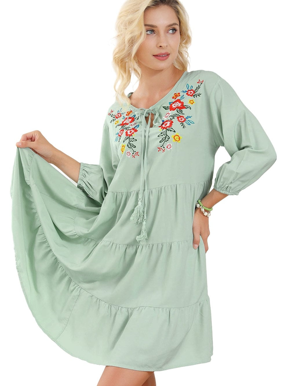 Green Floral Embroidered Tiered Ruffle Hem Dress