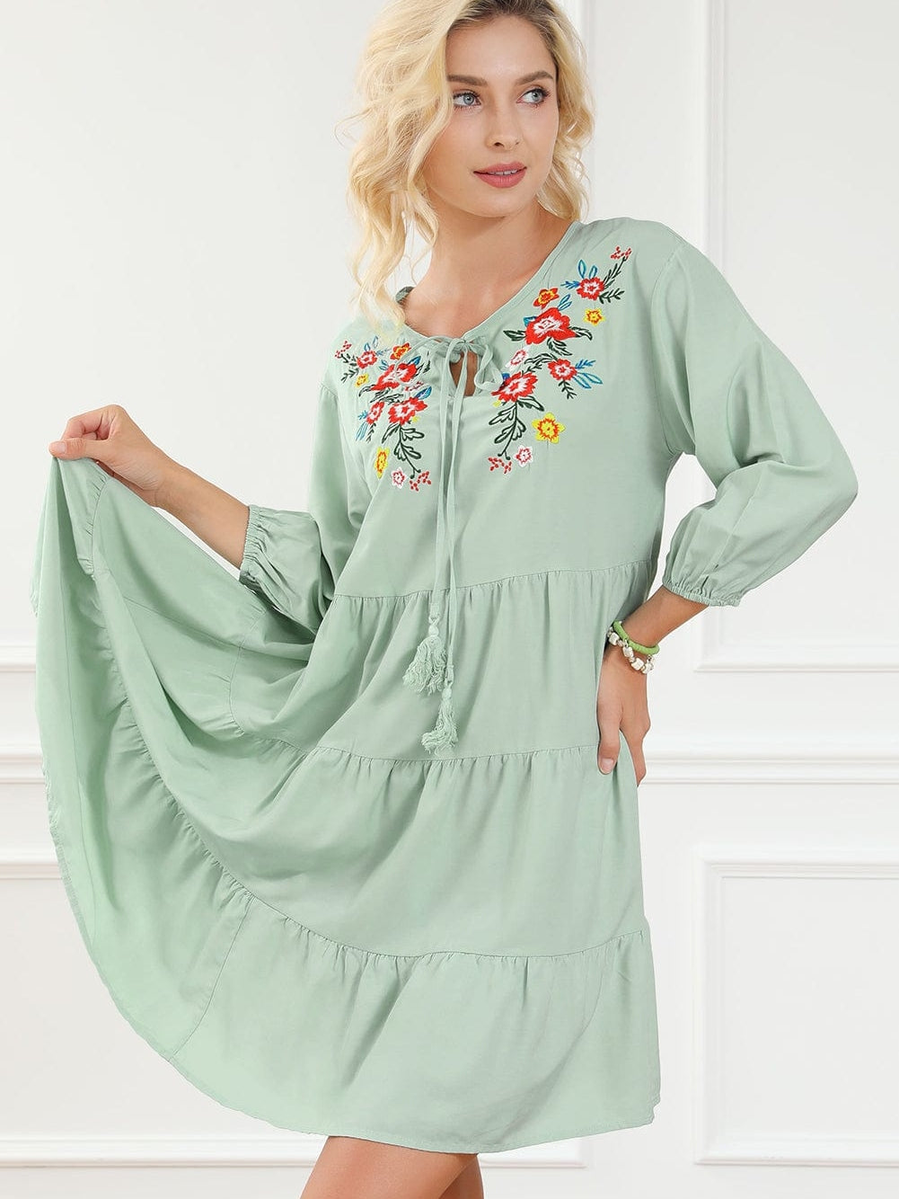 Green Floral Embroidered Tiered Ruffle Hem Dress