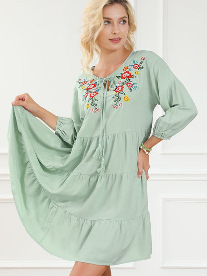 Green Floral Embroidered Tiered Ruffle Hem Dress