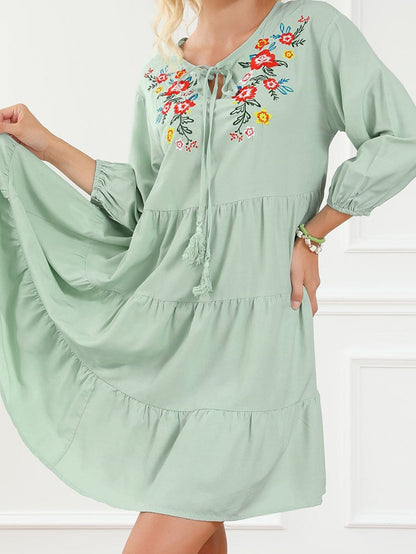 Green Floral Embroidered Tiered Ruffle Hem Dress