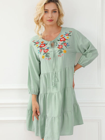 Green Floral Embroidered Tiered Ruffle Hem Dress