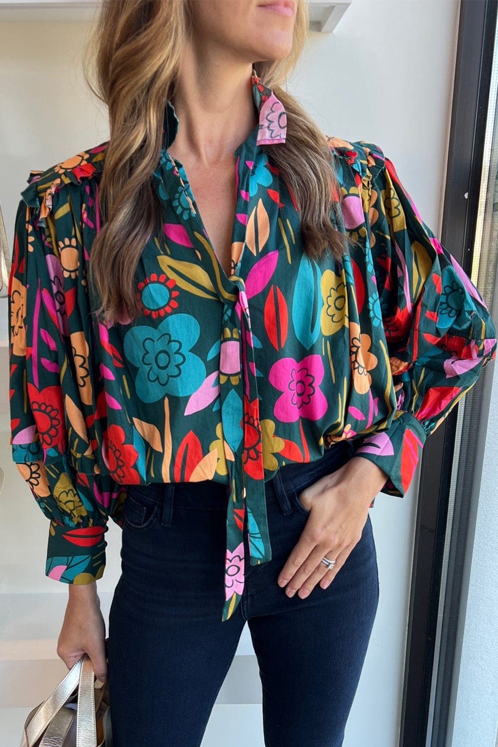 Green Floral Knotted V-Neck Puff Sleeve Shift Blouse
