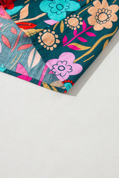 Green Floral Knotted V-Neck Puff Sleeve Shift Blouse