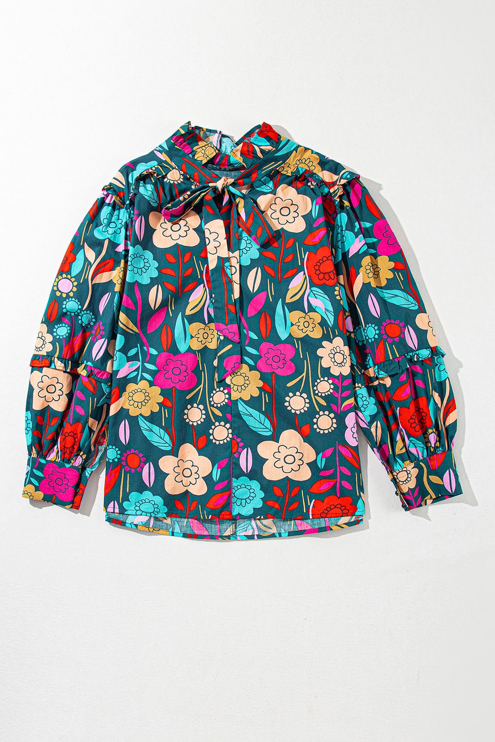 Green Floral Knotted V-Neck Puff Sleeve Shift Blouse