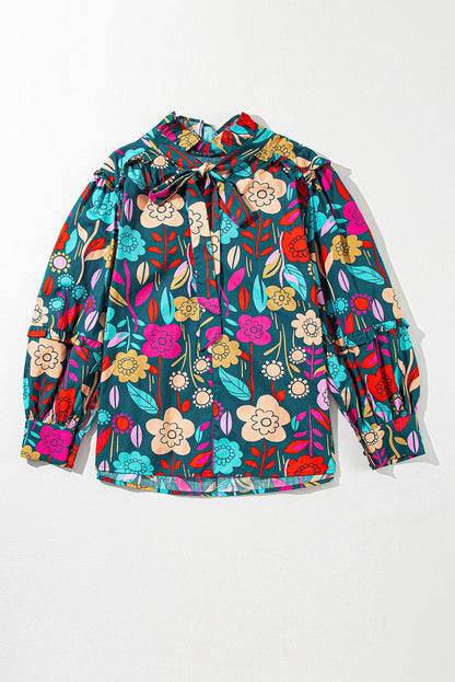 Green Floral Knotted V-Neck Puff Sleeve Shift Blouse