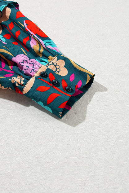 Green Floral Knotted V-Neck Puff Sleeve Shift Blouse