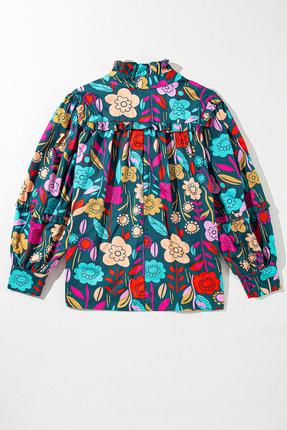 Green Floral Knotted V-Neck Puff Sleeve Shift Blouse