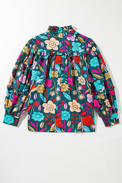 Green Floral Knotted V-Neck Puff Sleeve Shift Blouse