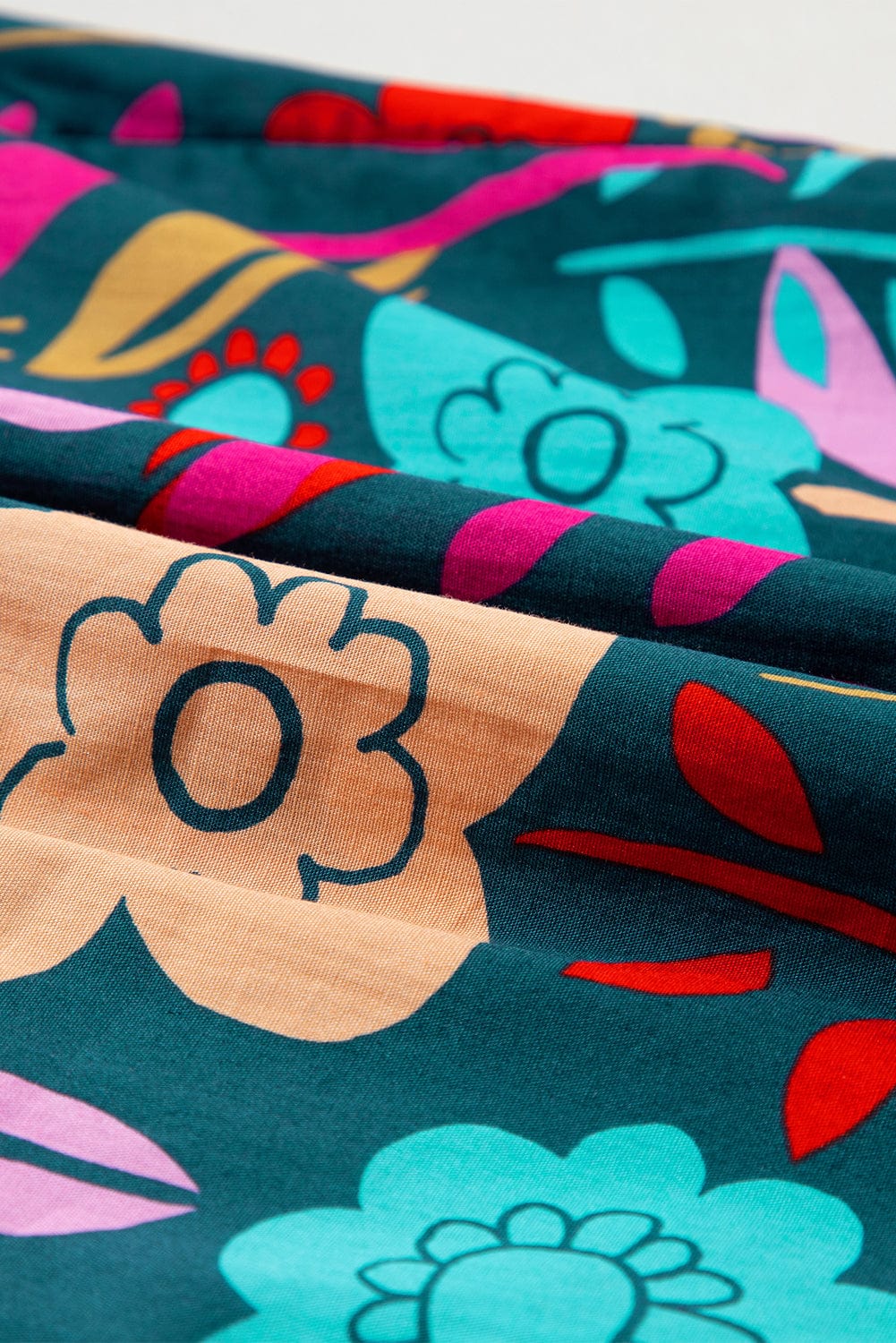 Green Floral Knotted V-Neck Puff Sleeve Shift Blouse