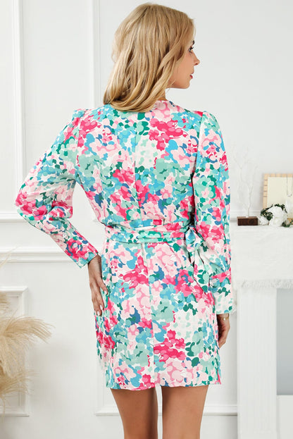 Green Floral Lace-Up V-Neck Mini Dress with High Waist Styling