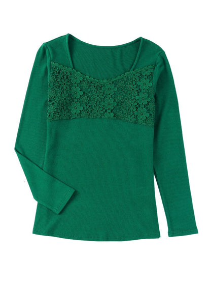 Green Floral Lace V-Neck Long Sleeve Sheath Top