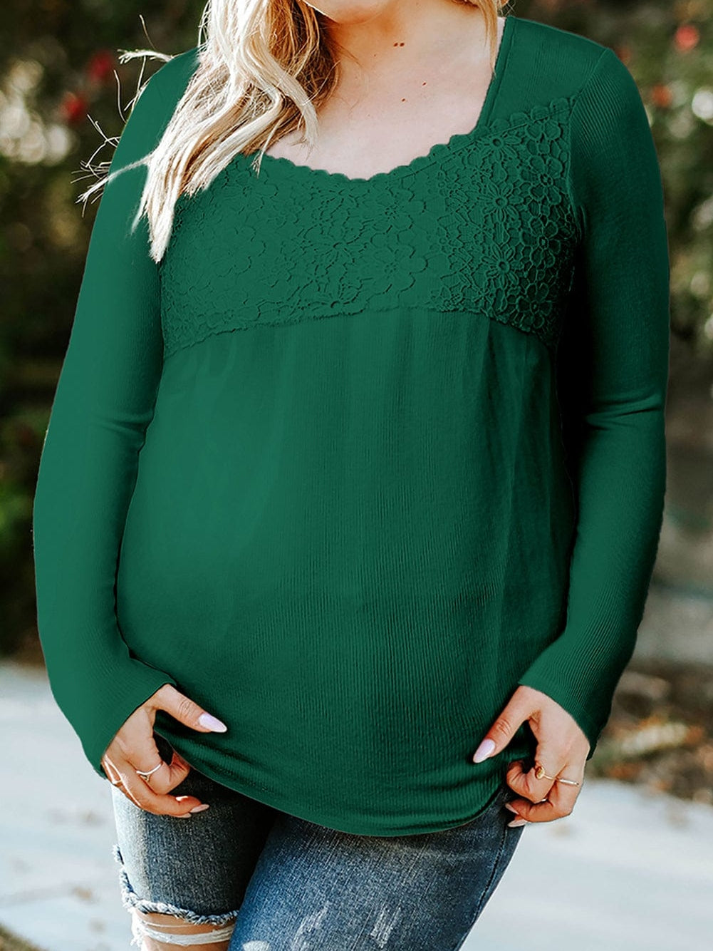 Green Floral Lace V-Neck Long Sleeve Sheath Top