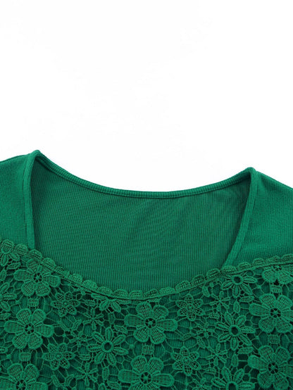 Green Floral Lace V-Neck Long Sleeve Sheath Top