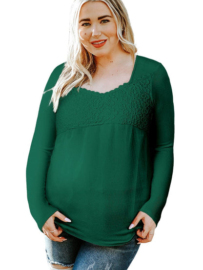 Green Floral Lace V-Neck Long Sleeve Sheath Top