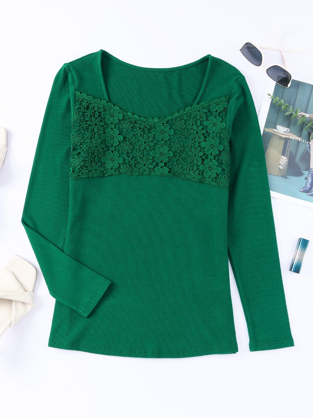 Green Floral Lace V-Neck Long Sleeve Sheath Top