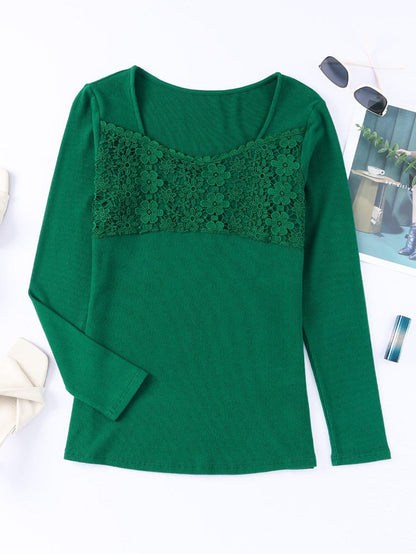 Green Floral Lace V-Neck Long Sleeve Sheath Top