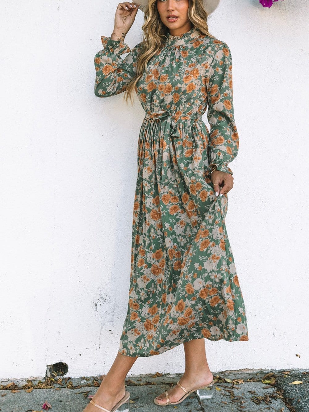 Green Floral Pleated Maxi Dress with Tie - Elegant Long Sleeve Shift Dress