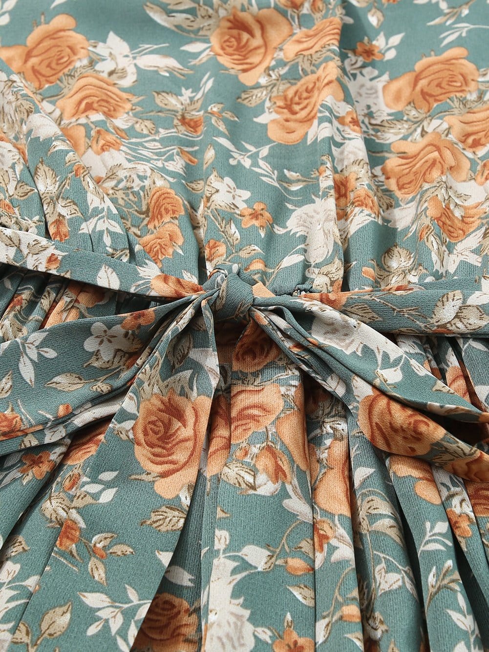 Green Floral Pleated Maxi Dress with Tie - Elegant Long Sleeve Shift Dress