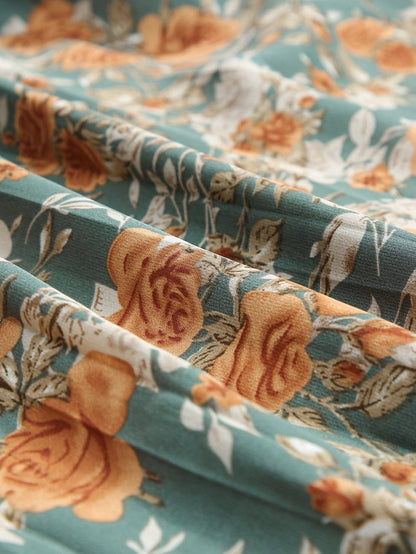 Green Floral Pleated Maxi Dress with Tie - Elegant Long Sleeve Shift Dress