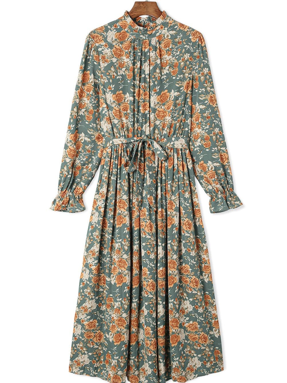Green Floral Pleated Maxi Dress with Tie - Elegant Long Sleeve Shift Dress