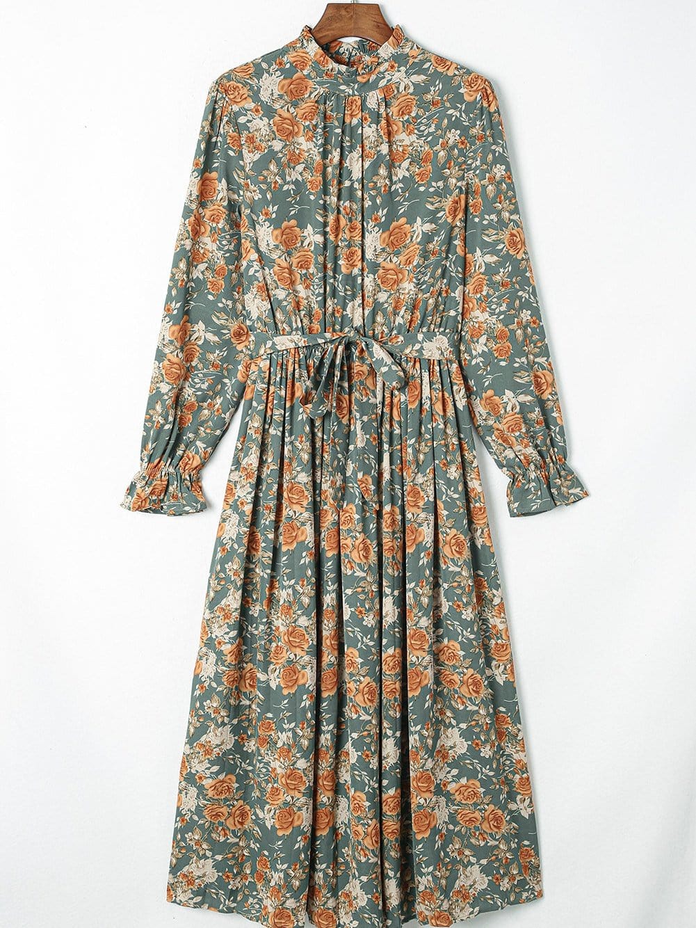 Green Floral Pleated Maxi Dress with Tie - Elegant Long Sleeve Shift Dress