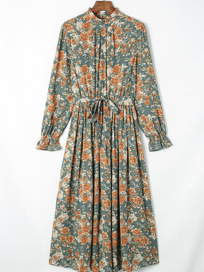 Green Floral Pleated Maxi Dress with Tie - Elegant Long Sleeve Shift Dress