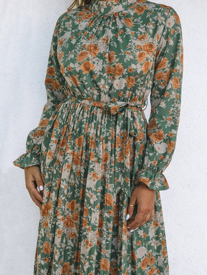 Green Floral Pleated Maxi Dress with Tie - Elegant Long Sleeve Shift Dress