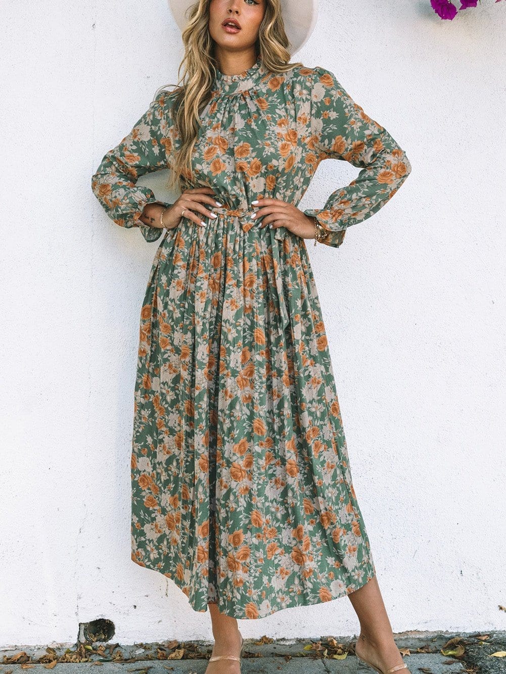 Green Floral Pleated Maxi Dress with Tie - Elegant Long Sleeve Shift Dress