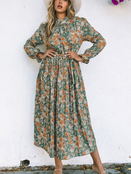 Green Floral Pleated Maxi Dress with Tie - Elegant Long Sleeve Shift Dress