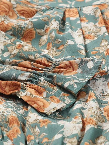 Green Floral Pleated Maxi Dress with Tie - Elegant Long Sleeve Shift Dress