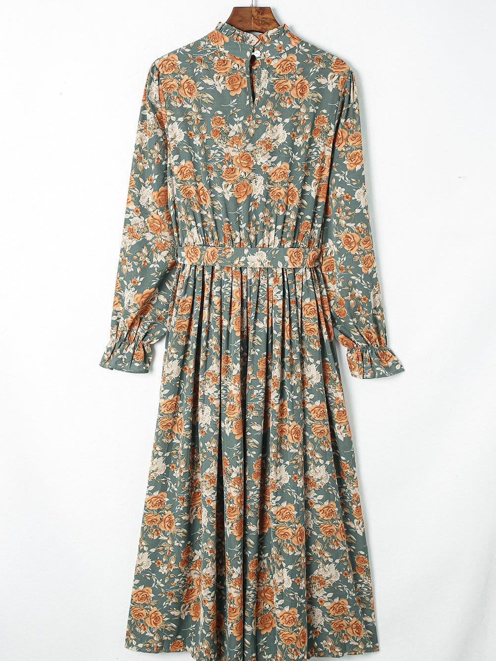 Green Floral Pleated Maxi Dress with Tie - Elegant Long Sleeve Shift Dress