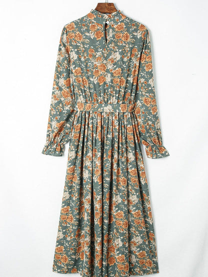 Green Floral Pleated Maxi Dress with Tie - Elegant Long Sleeve Shift Dress