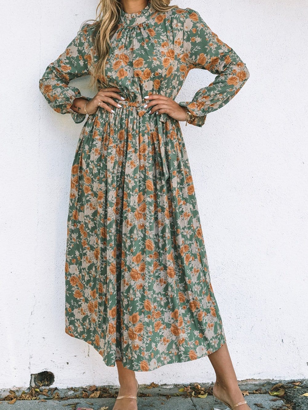 Green Floral Pleated Maxi Dress with Tie - Elegant Long Sleeve Shift Dress