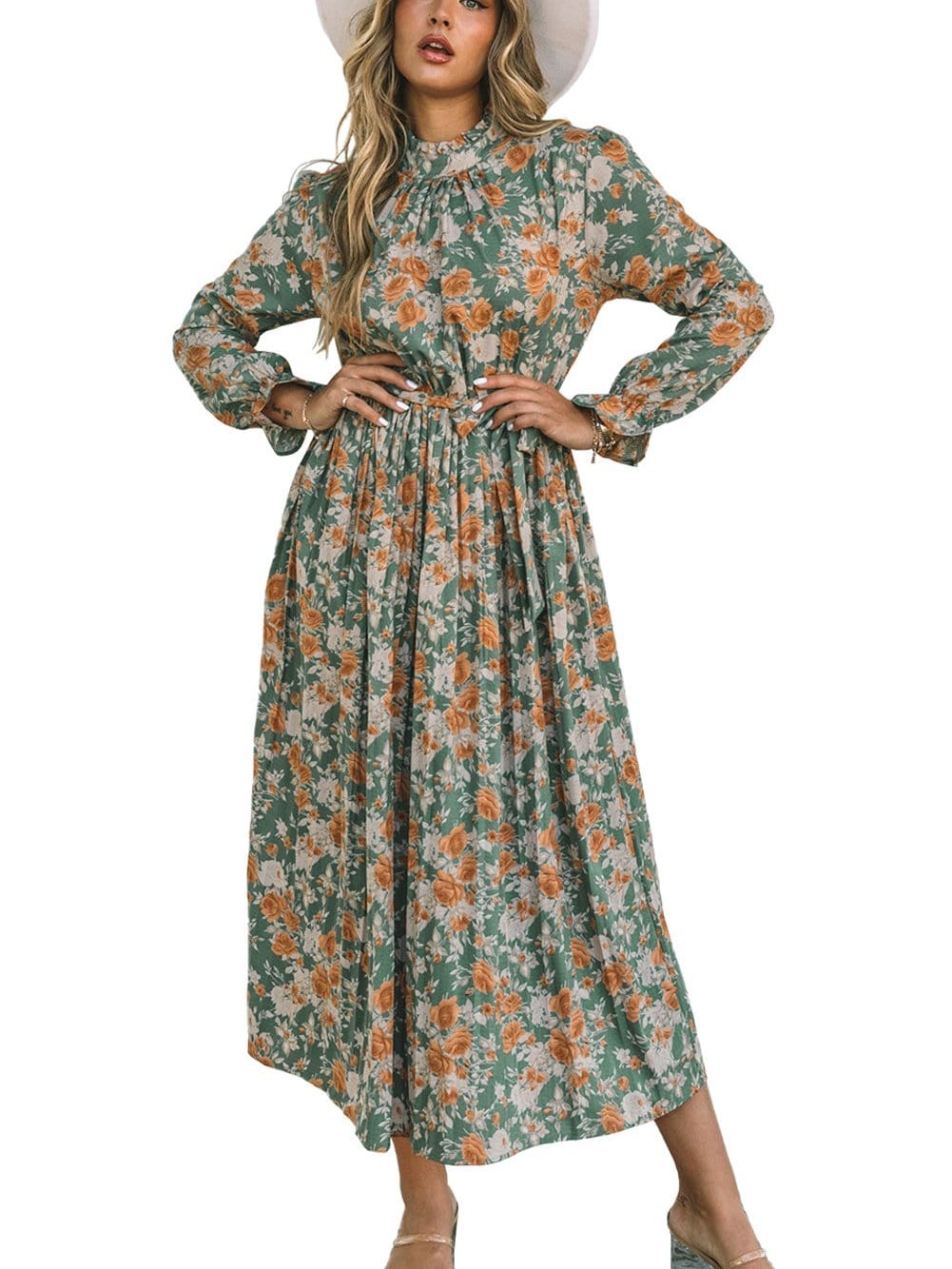 Green Floral Pleated Maxi Dress with Tie - Elegant Long Sleeve Shift Dress