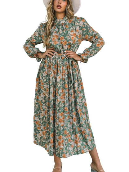 Green Floral Pleated Maxi Dress with Tie - Elegant Long Sleeve Shift Dress