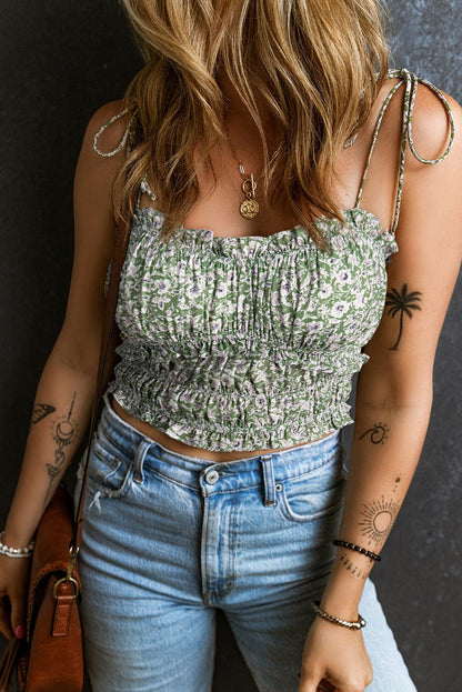 Green Floral Print Frilled Trim Cropped Tank Top with Spaghetti Straps