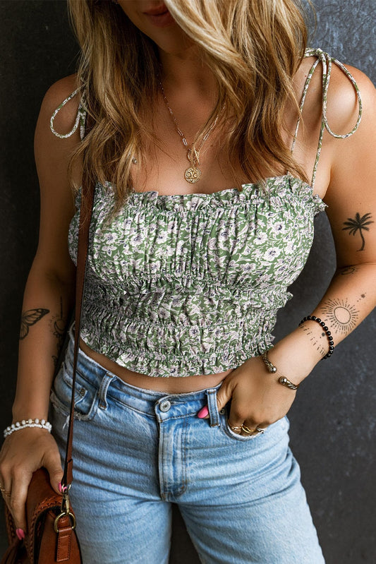 Green Floral Print Frilled Trim Cropped Tank Top with Spaghetti Straps