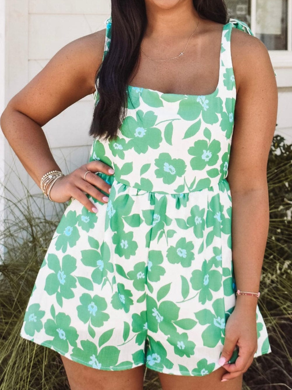 Green Floral Print Knotted Strap Square Neck Romper for Summertime Chic