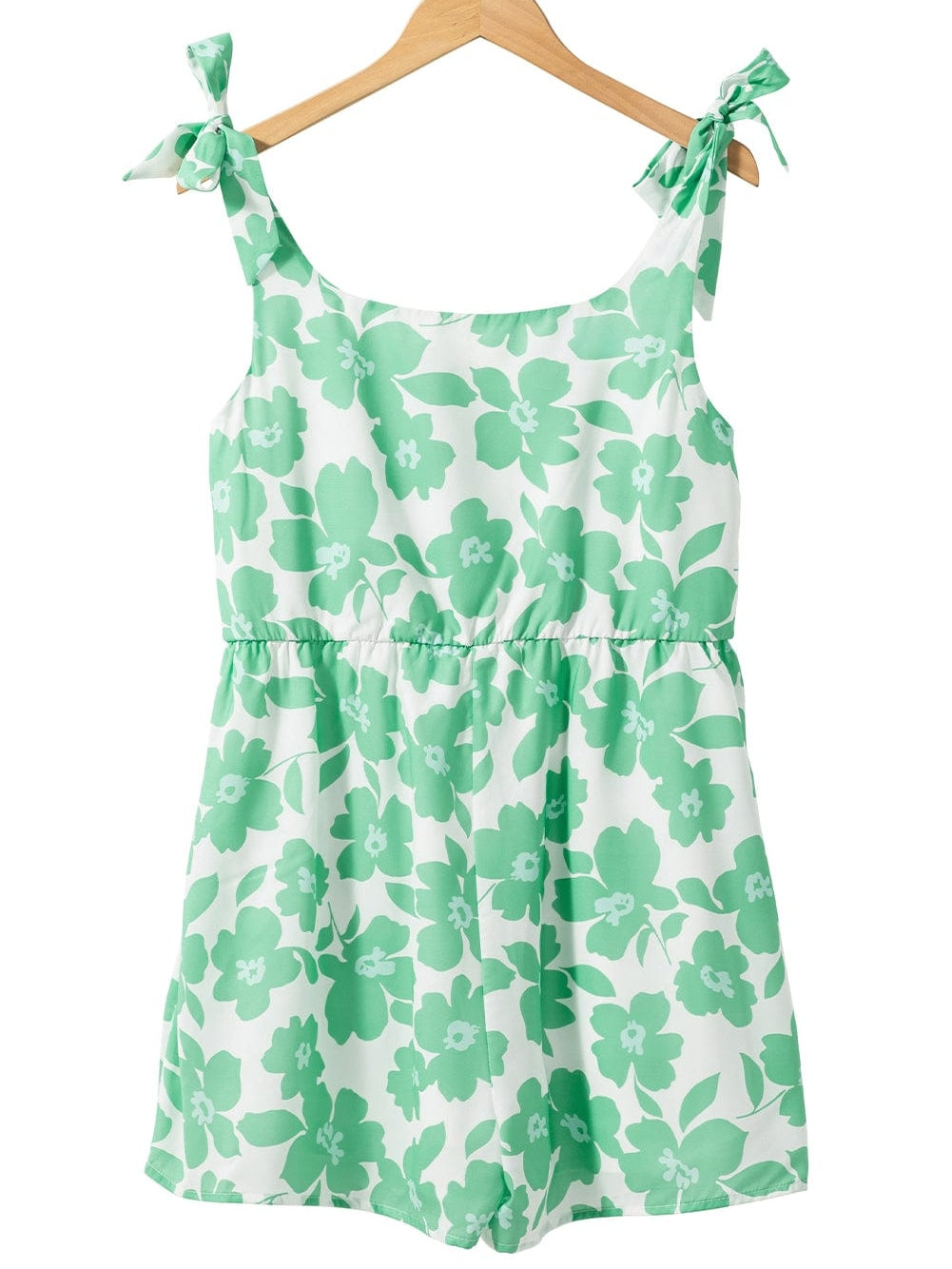 Green Floral Print Knotted Strap Square Neck Romper for Summertime Chic