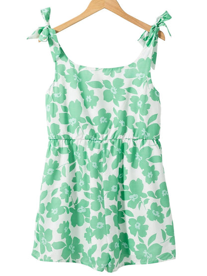 Green Floral Print Knotted Strap Square Neck Romper for Summertime Chic