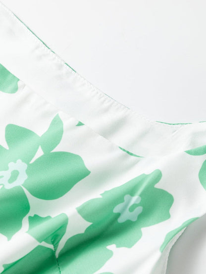 Green Floral Print Knotted Strap Square Neck Romper for Summertime Chic