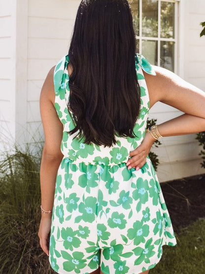 Green Floral Print Knotted Strap Square Neck Romper for Summertime Chic