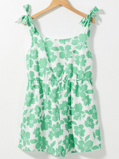 Green Floral Print Knotted Strap Square Neck Romper for Summertime Chic
