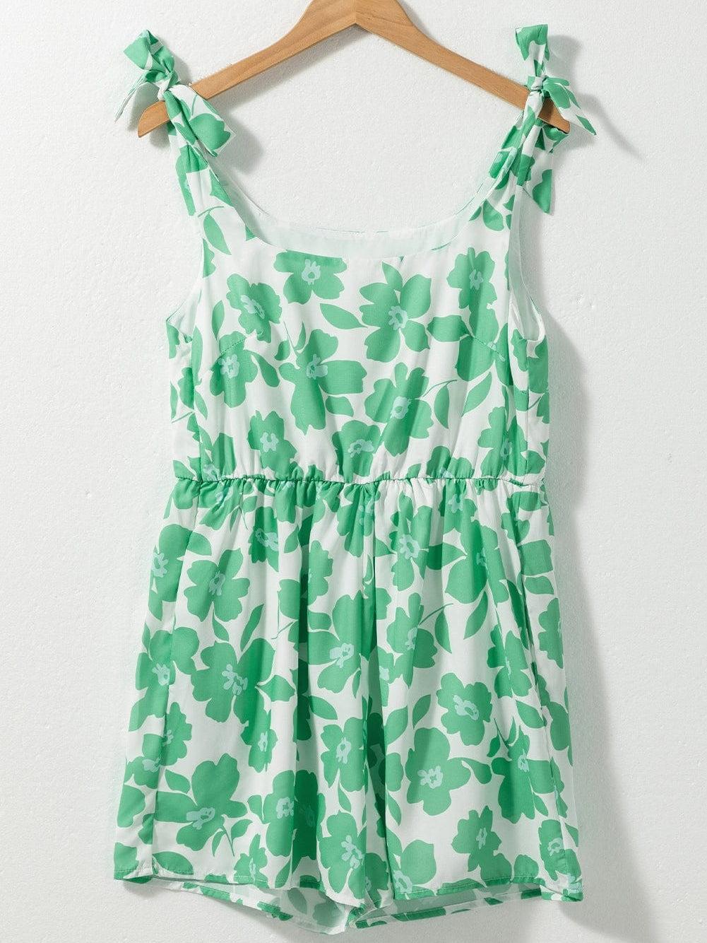 Green Floral Print Knotted Strap Square Neck Romper for Summertime Chic