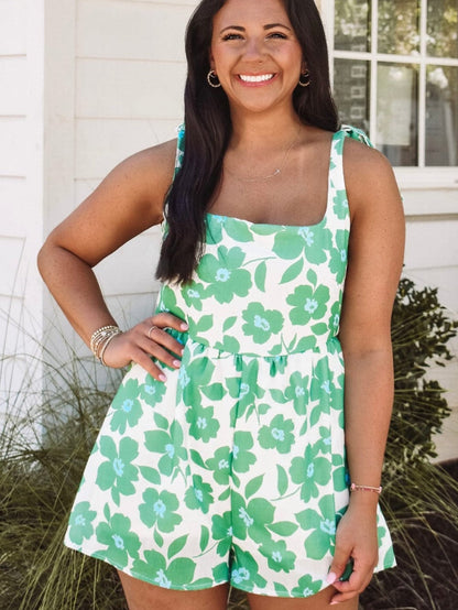 Green Floral Print Knotted Strap Square Neck Romper for Summertime Chic